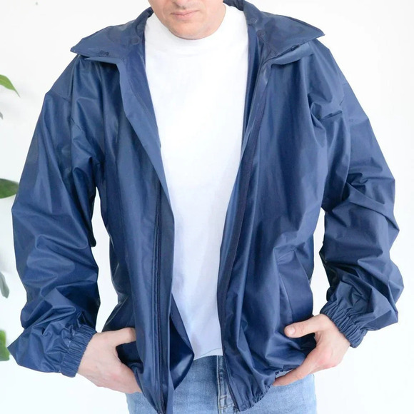 Rest  & Relaxation R&R Vintage Navy Blue Raincoat with Hidden Hoodie ~ XL - Picture 3 of 12